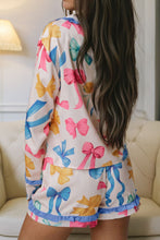 Load image into Gallery viewer, Bow Print Collared Neck Top and Shorts Lounge Set