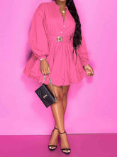 Load image into Gallery viewer, Notched Button Up Balloon Sleeves Dress